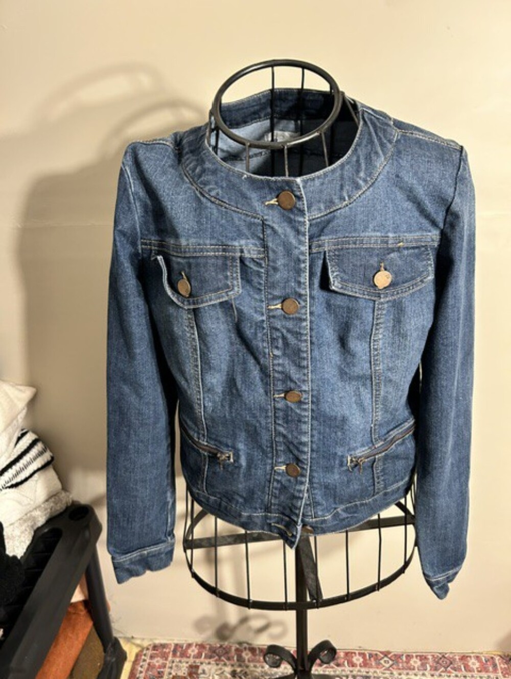 womens size medium blue jean jacket coat stretch zipper up